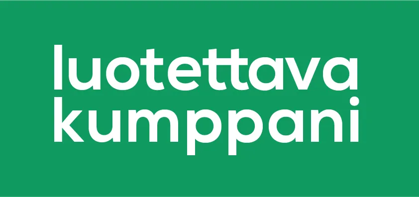 Valkoinen teksti "luotettava kumppani" vihreällä taustalla.